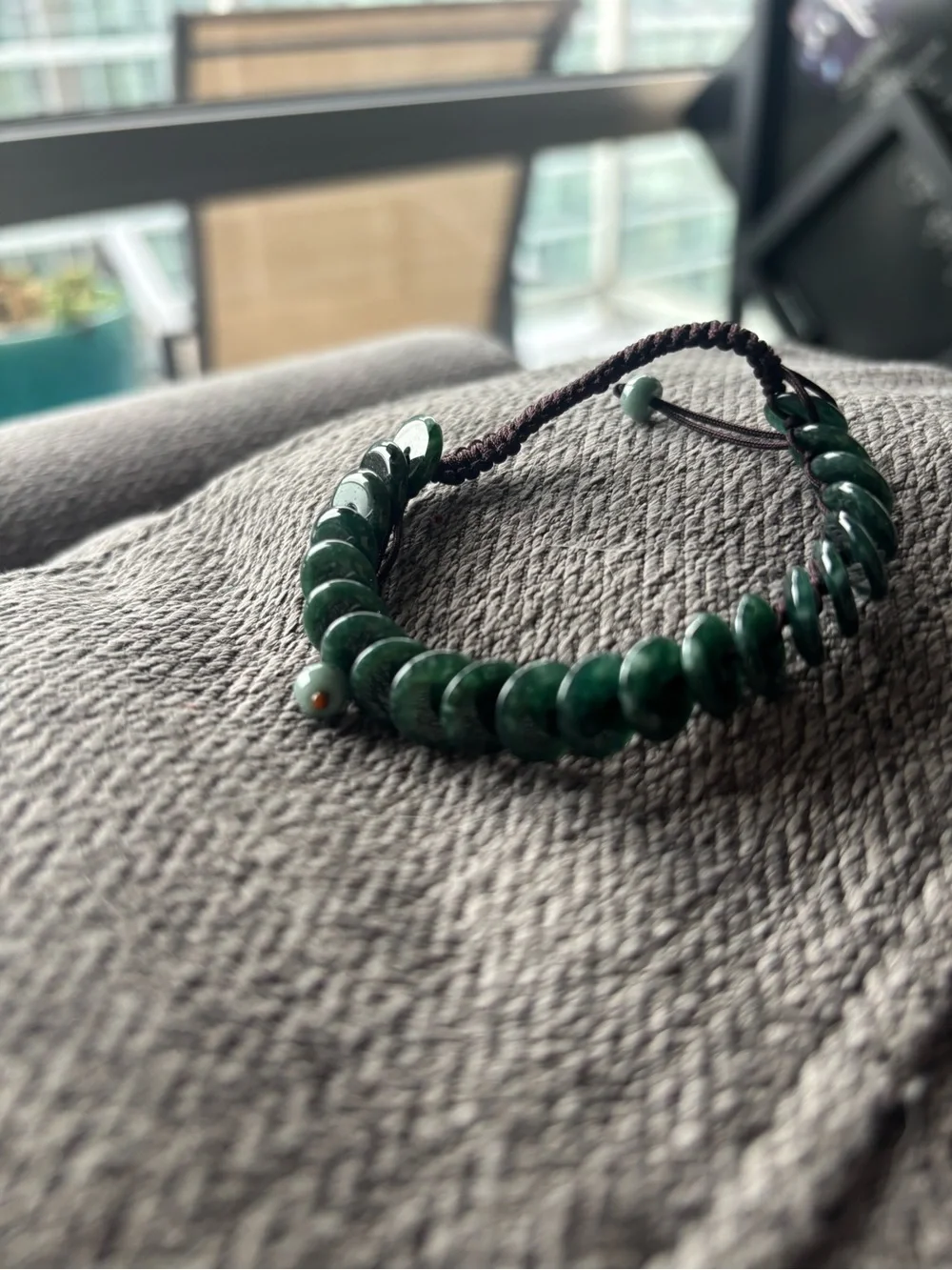 Dark Green Jadeite Beaded Adjustable Bracelet